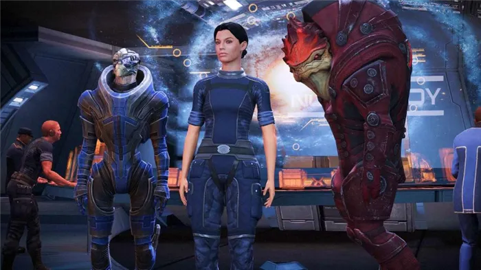Эшли, Рекс и Гаррус позируют в Нормандии в Mass Effect Legendary Edition