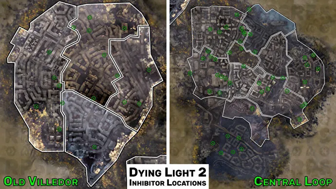 A composite map of Villedor in Dying Light 2, with Old Villedor on the left and the Central Loop on the right. The locations of all Inhibitors are marked on the map.