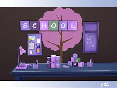 School Decor set Школьный декор для: The Sims 4 Красочные школьные украшения и школьные принадлежности для учителей и учеников помогут вам создать привлекательную, веселую обстановку, в которой дети будут любить учиться. В набор входят 7 декоративных предметов и настольная лампа. Автор: soloriya