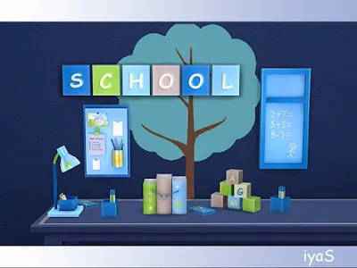 School Decor set Школьный декор для: The Sims 4 Красочные школьные украшения и школьные принадлежности для учителей и учеников помогут вам создать привлекательную, веселую обстановку, в которой дети будут любить учиться. В набор входят 7 декоративных предметов и настольная лампа. Автор: soloriya