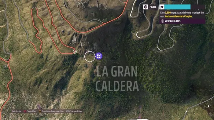 The barn find is located at the top of the La Gran Caldera volcano (above the letter L in La) - Forza Horizon 5: All Barn Finds - list - Guide - Forza Horizon 5 Guide