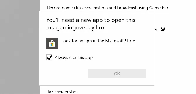 Ошибка ms-gamingoverlay в Xbox Game Bar