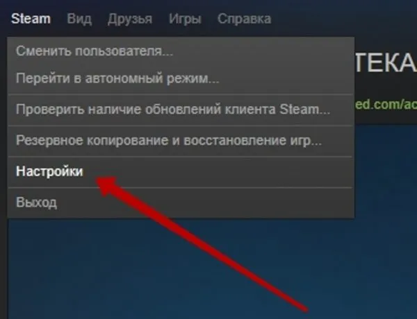 Заходим в те настройки, которые располагаются слева открываем вкладку Steam затем нажимаем «Настройки»