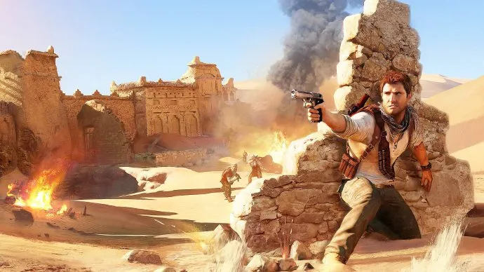 Главный герой Uncharted, Натан Дрейк, на фоне пустыни