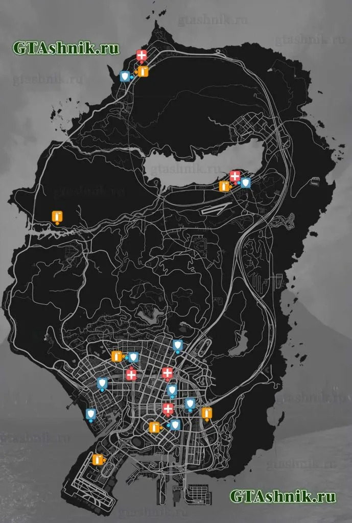 ГТА 5 карта больниц, полицейских и пожарных участков