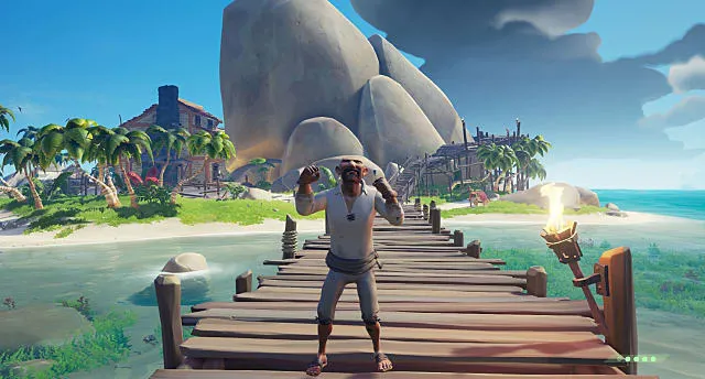 A pirate from Sea of Thieves standing on a dock